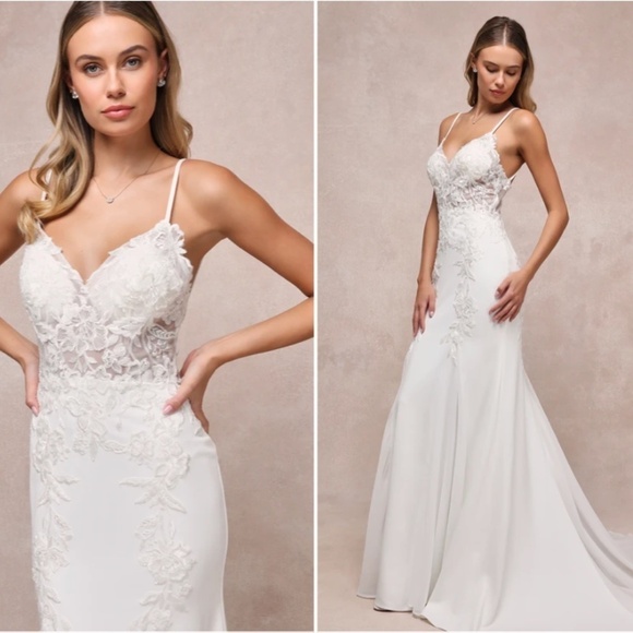 LULUS Bridal Wedding Elegant Sophisticated Floral Beaded Corset Mermaid Gown - Picture 4 of 5